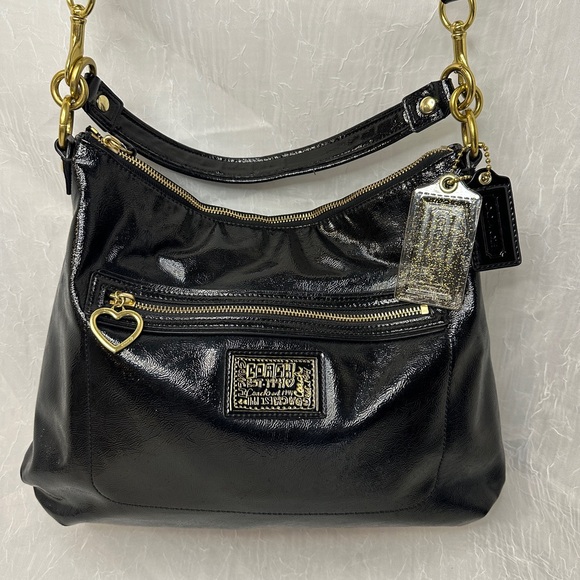 Coach Poppy Liquid Gloss Shiny Black Shoulder Bag with Gold Accents